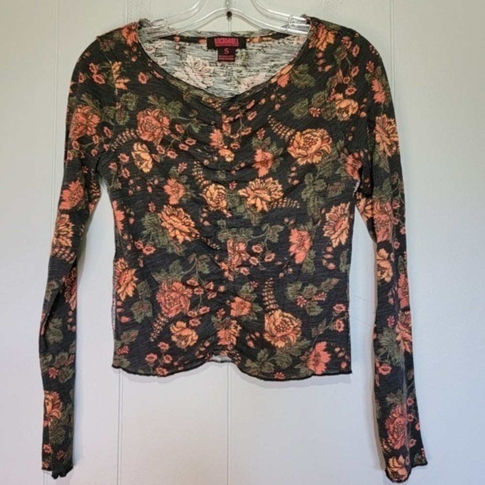 Rock & Roll Denim Womens Floral Ruched Front Long Sleeve Top Charcoal Orange S